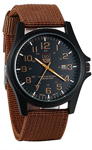JewelryWe Herrenuhr Nylon Militär Uhr: 12/24H Analog Quarz Armbanduhr Herren Kaffee Canvas Stoff Textil Armband Taktische Outdoor Uhr Felduhr mit großen Zahlen