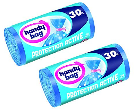 Handy Bag 2 Rouleaux de 20 Sacs Poubelle 30 L, Fermeture à Liens, Protection Active Anti-Bactérienne, Anti-Fuites, 50 x 70 cm, Bleu, Opaque