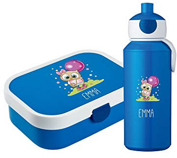 4youDesign Set: blaue Brotdose & Trinkflasche für Kinder -EULE- personalisiert mit Namen – inkl. Bento Box, Gabel & Pop-Up Flasche, Einschulung, Schule (Blau)