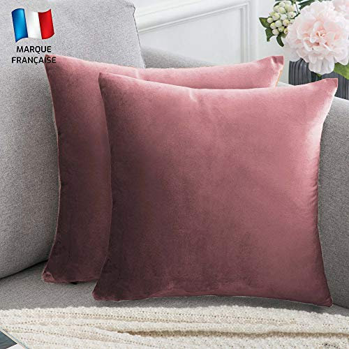 Douceur De Plumes Set di 2 Federe Cuscini Decorativi Tinta Unita in Velluto Terracotta Rosa 40x40, Federa Quadrata Moderna e Morbida, Decorazione Soggiorno Divano Camera Letto (2 Terracotta Rosa)