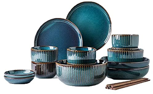 qiuqiu Geschirrset,Tiefblaues Keramikgeschirr, 6-Personen-Essset Teller Schüssel Tasse Saucenteller Porzellangeschirr 20-teiliges Set