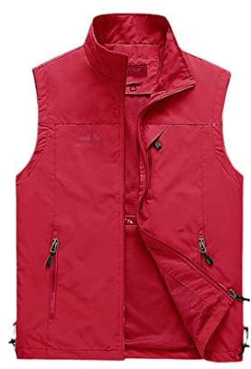 WEGUKRI Dünne Freizeitweste für Herren, Weste mit vielen Taschen, Sommer-Reißverschluss, normale Weste, rot, XXXXL