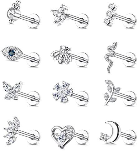 Finrezio 12Pcs 16G Knorpel Tragus Ohrringe für Damen Ohrstecker Set Helix Ohrringe Piercing Ohr Piercing Labret Nasenring Evil Eye Schmetterling Mond Ohrringe Set Piercing Schmuck