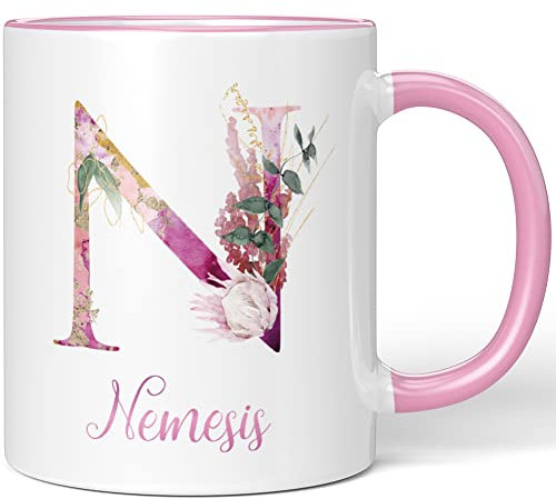 JUNIWORDS Tasse, Nemesis, Name Anfangsbuchstabe Initial Alphabet Floral Buchstabe N Monogramm Motiv, Rosa (5531496)