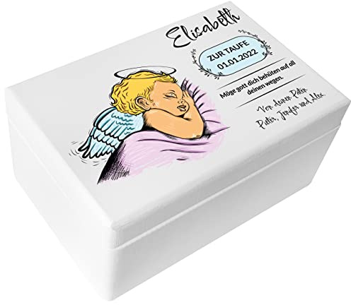 Creative Deco Weiße Personalisiert zur Taufe Geschenk für Mädchen Junge | Engel Motiv Deko | Holzkiste Erinnerungsbox | Individuelle Geschenk Spielzeugkiste Holzbox mit Deckel | Spardose