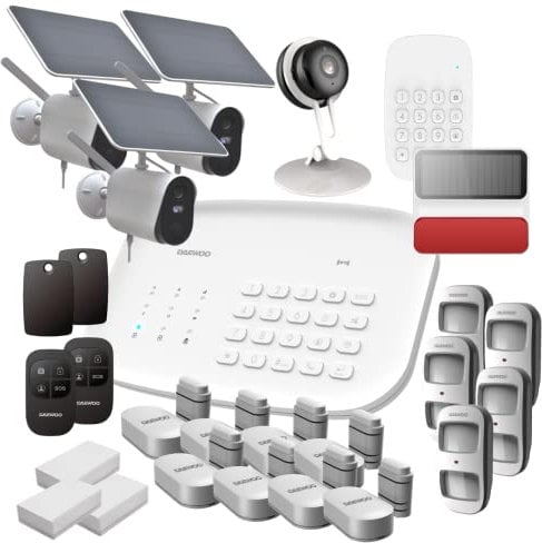 Daewoo Security SA668AM - Alarma doméstica inalámbrica WiFi/gsm conectada, Control Remoto, Sirena, 4 cámaras, Paneles solares, Compatible con Amazon Alexa, Google Home