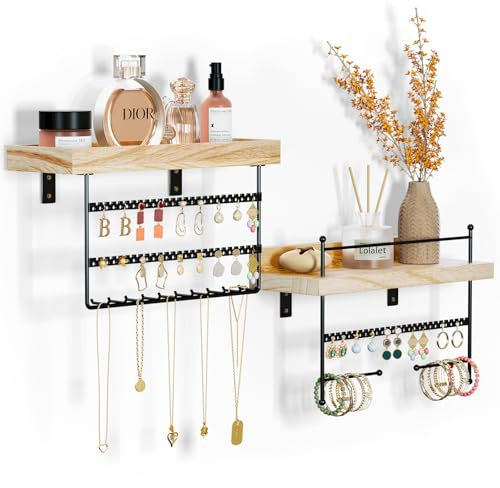 Lolalet Porte Bijoux Mural, Lot de 2, Organisateur Bijoux Suspendu, Porte Boucles d’Oreille Colliers Bracelets Bagues Parfum, Présentoir Bijoux Mural en Bois Naturel -Noir