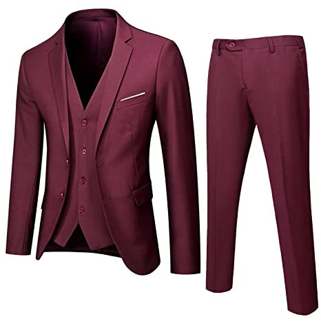 FGUUTYM Saunamantel Herren Herrenanzug Slim 3-teiliger Anzug Business Hochzeit Party Jacke Weste & Hose (Red, S)