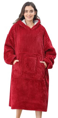 VHOME Oversized Hoodie Decke, Übergroßer Damen Herren mit Ärmeln und Kapuze Tragbare Decke, Superweiche und Warme Erwachsene Decken Für Weihnachts Geburtstags Geschenke Rot 110x80cm