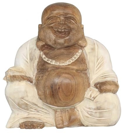 Oriental Galerie Figur Happy Buddha-Figur China Skulptur Sitzend Budai Figur 15 cm Holz Weiß Natur klein