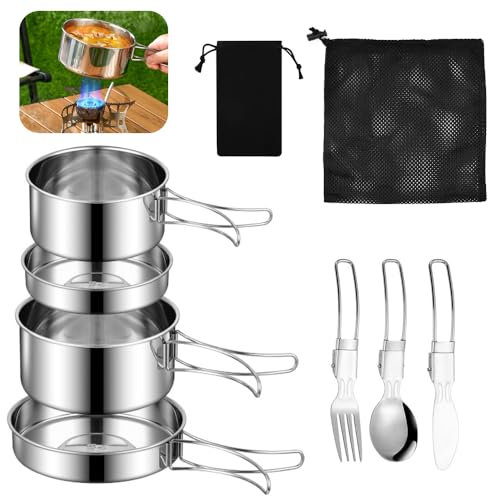 SLTAXAR Kit Cocina Camping Acero Inoxidable, Juego de Ollas y Sartenes para Camping, Set de Cubiertos Plegable para Llevar, con Tenedor Cuchara Cuchillo y Bolsas, Kit Cocina Camping para 2-3 Personas