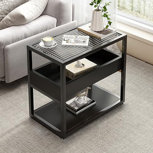 SZITW 3-stufiger Couchtisch mit Platte aus gehärtetem Glas, schmaler Beistelltisch mit Ablagefach und Zeitschriftenständer, Nachttisch für Wohnzimmer, Schlafzimmer (45 x 30 x 55 cm, schwarz)