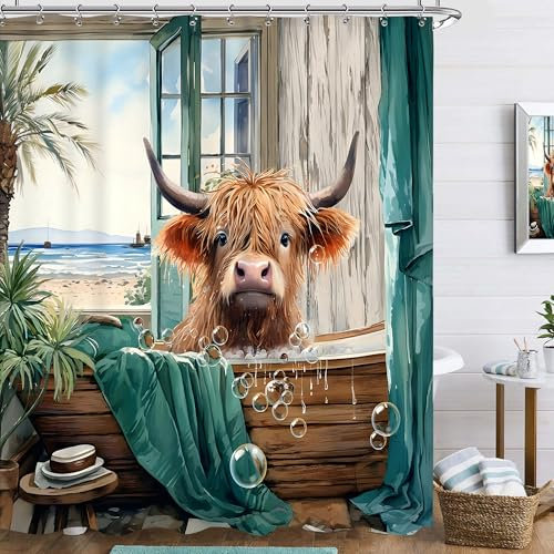 Famiffty Highland Cow Summer Shower Curtain 72Wx72L Inch Funny Cute Cattle Ocean View Landscape Bathtub Calf Tropical Hawaii Scene Palm Leaves Bathroom Accessories Decor Sea Waterproof Fabric 12 Hooks
