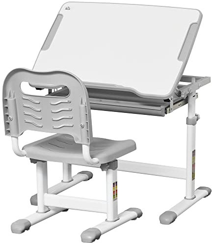HOMCOM Bureau Enfant avec Chaise, Ensemble Bureau et Chaise pour Enfants avec réglable en Hauteur, Plateau incliné 45°, tiroir Coulissant, Emplacement pour Stylo et Crochet - en Acier Gris Blanc