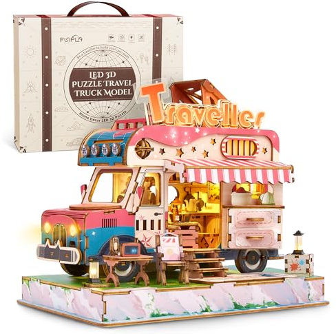 FUNPOLA 3D Holzpuzzle Reise Truck Modell - DIY Miniatur Abenteuer LKW-Bausatz mit LED-Leuchten - kreatives Geschenk für Kinder und Erwachsene (Bunte Version)
