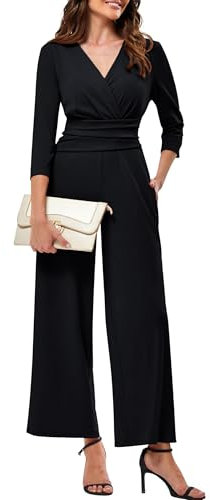 JASAMBAC Black Jumpsuits For Women Uk,Wide Leg Evening Jumpsuit Elegant 3/4 Length Sleeves Festival Outfit Wedding Guest Outfits One Piece Ruched Wrap V Neck&High Waist Party Romper