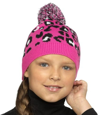 A2Z 4 Kids Girls Leopard Pom Pom Beanie Hat Cosy Winter Fashion | Soft Knitted Cap With Stretch Fit For Comfortable Outdoor Cold Weather Wear