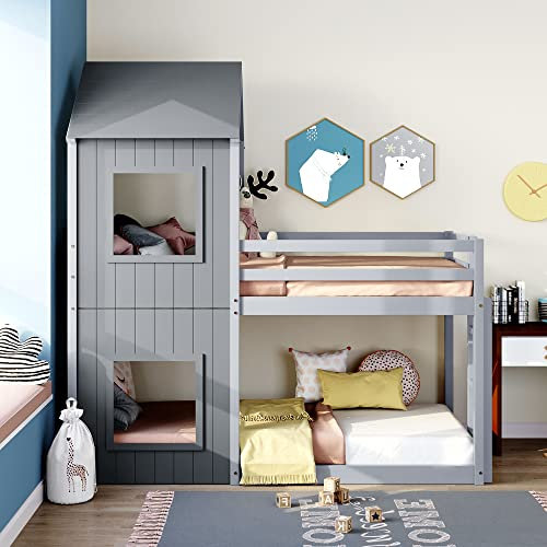 Merax Wooden Bunk Beds for Kids, 3FT Loft Bed with Ladder and Guard Rail, Single Bed with Slatted Frame, Space-Saving Kids Bed Treehouse Canopy Design, Grey, 90x190 cm (No Mattress)