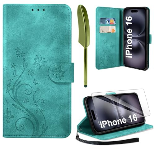 AROYI Lederhülle Kompatibel mit iPhone 16 Hülle und Schutzfolie, Flip Wallet Handyhülle PU Leder Case Kartensteckplätzen Schutzhülle Kompatibel mit iPhone 16 Dunkel Grün