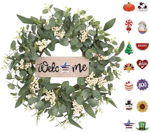 SY Super Bang 20Inch Wreaths for Front Door, Artificial Green Eucalyptus Interchangeable Seasonal Welcome Sign Wreath Decorations, for Porch Home Farmhouse Spring Summer Fall Winter Outdoor Decor