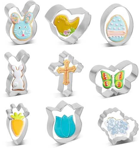 LOMIMOS Ausstechform Ostern Set,9 Stück Ausstecher Keksausstecher Ostern aus Edelstahl Osterei, Hase,Eierhase, Karotten，Schmetterlinge, Schafe, Kreuze, Küken, Blumen Plätzchenausstecher