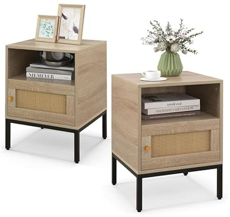 RELAX4LIFE Nachttisch 2er Set, mit Schrank & Ablagefach, Nachtschrank Rattenoptik, Nachtkonsole Holz, 40 x 40 x 57 cm, Beistelltisch für Wohnzimmer, Schlafzimmer, Natur (2 Stück)