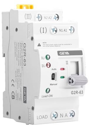 GEYA Mini ATS Interruptor de Transferencia de Doble Alimentación Automático y Manual,Protección contra Sobretensión y Subtensión,Interruptor Automático Solar,Montaje en Carril DIN (2P-63A,CA220V)