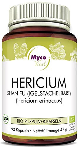 Hericium Pulver | 90 Pilz-Kapseln je 500mg Pulver | Superfood 100% vegan BIO Hericium
