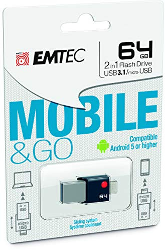 EMTEC, ECMMD8GT203, Clé USB 2 en 1 OTG Dual, 64 Go, transfert rapide jusqu'à 100 MB/s, connecteurs USB-A et micro-USB, compatible avec smartphones et tablettes - 64 Go, Noir