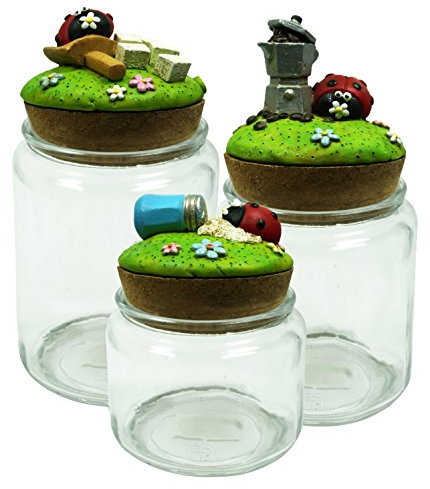 Paolo Chiari Set 3 Barattoli in Vetro per Caffè, Zucchero e Sale con Applciazioni in Marmoresina (Coccinella Lia, 500ml + 400ml + 270ml)