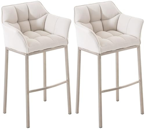 CLP Barhocker 2er Set mit Lehne Damaso, Barstühle gepolstert mit Stoffbezug, Vierfußgestelle aus Metall, Tresenhocker bis 240 kg belastbar, Farbe:weiß, Gestell Farbe:Edelstahl