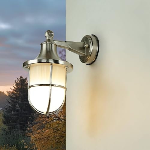 Licht-Erlebnisse Wandleuchte Aussen Messing, in Nickel, Riffelglas, Außenleuchte Maritim, rostfrei, IP64, E27, Schiffslampe, Außenlaterne, Hoflampe, Rustikal