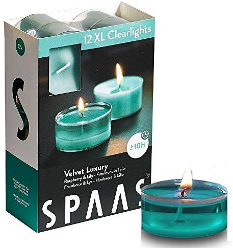 Spaas 12 Maxi Scented Tealights in Transparent Clear Cup, ± 10 Hours, Velvet Luxury