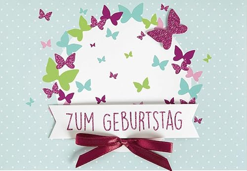 Geburtstagskarte Lifestyle - Schmetterlinge, Applikation Schleife - 11,6 x 16,6 cm