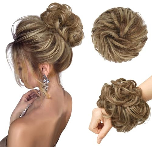 FESHFEN Haarteil Mit Gummiband, Groß Dutt Haarteil Haargummi Mit Haaren Gelockt Haardutt Synthetisch Haarverlängerung Pferdeschwanz Haarteile für Damen Mädchen, Braun & Blond 55g