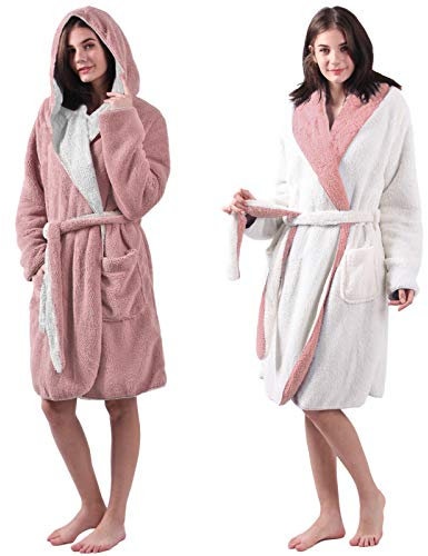 HOMELEVEL Sherpa Wende Bademantel Lammfell Optik für Damen und Herren mit Kapuze Morgenmantel Hausmantel