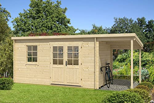 Carlsson Gartenhaus York mit Schleppdach aus Holz Gartenhaus mit 28 mm Wandstärke Gartenhütte Geräteschuppen Flachdach
