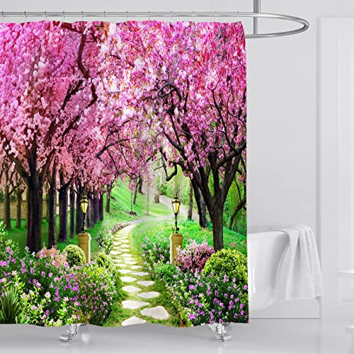 OCEUMACO 3D Floral Shower Curtain Pink Garden Scenery Bathroom Wet Room Outdoor Japanese View Extra Long Wide Bath Curtains Mould Proof Resistant Washable 240 x 200 cm Waterproof Fabric with Hooks