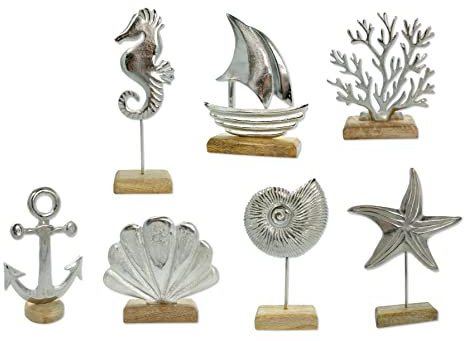 Metall Skulpturen Set 7 Stück mit Holz-Fuß Silber-braun Dekofigur Tisch-Deko Maritim Mediterran Meeresdeko