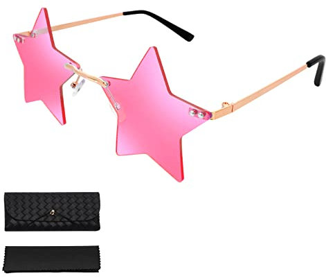 Yolev Witzige Sonnenbrille Damen Vintage Randlose Stern Partybrille Sonnenbrille Transparent Rosa Pentagramm Brille Randlose 90er Hippie Fancy Sonnenbrille Frauen Halloween Party Brille