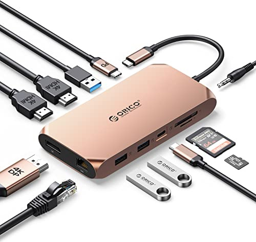 USB C Docking Station, ORICO 12 in 1 RGB Adapter, Dual 4K HDMI, DP 4K@60Hz, PD 100W, Gigabit Ethernet, 3 USB 3.0, SD/MicroSD Kartenleser, 3,5 mm Audio, Laptop Dock kompatibel für Windows/Mac OS