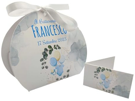 PV Grafik® 24+24 Bomboniere Battesimo Bimbo – Scatoline Portaconfetti Azzurre con Body, Palloncini e Bigliettini Personalizzati – Scatole Confetti Nascita Maschietto Eleganti (Tunna5)