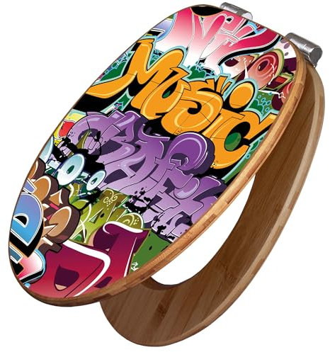 banjado Design WC Sitz Bambus Absenkautomatik 45,8x37,5cm / Toilettendeckel mit Absenkautomatik Holz/hochwertiger Bambus Klodeckel/WC-Sitz für gängigen Toiletten/Motiv Graffiti