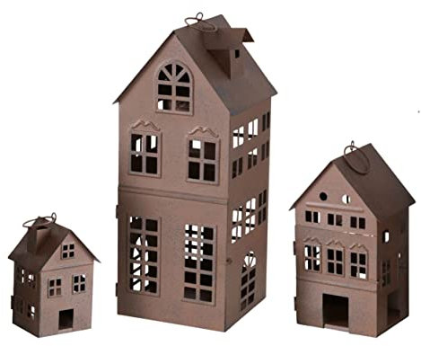 Spetebo Firenza - Set di 3 lanterne da appendere o da appoggiare, 35/21/13 cm, in metallo a forma di casa, portacandele per interni ed esterni, design antico