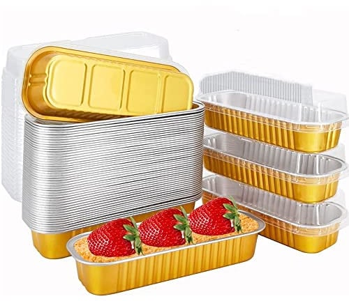 OUKEYI 50 Pack Disposable Baking Tins Foil Pans with Lids, 6.8 oz 6.5x2.5x1.2 Aluminum Baking Pans with Lids Mini Cake Pans,Rectangle Muffin Tins Mini Brownie Loaf Baking Pans Containers (Gold)