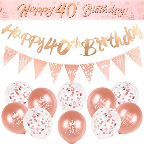 QonLou 40th Birthday Decoration Kit Rose Gold Happy 40th Birthday Banner Triangle Flag Confetti Balloons Birthday Party Decorations Supplies Age 40