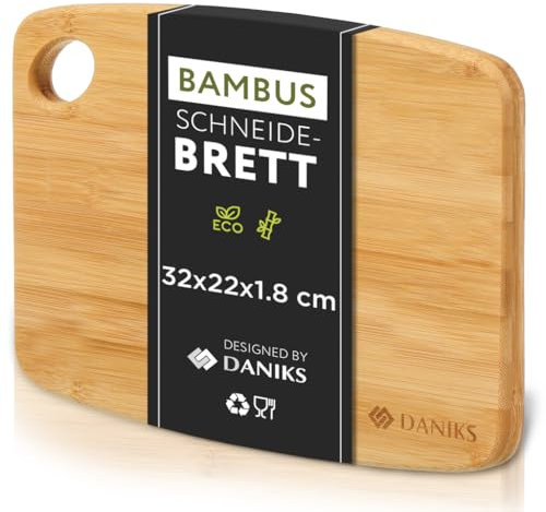 Daniks Hochwertiges Schneidebrett aus 100% Bambus, Extra Dick 1.8 cm, Brotbrett und Servierbrett für Fleisch, Gemüse, Brot, 32x22 cm (L)
