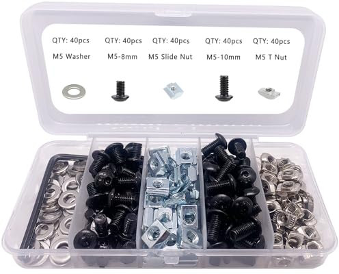 JCSPBYL - Kit de 200 tornillos y tuercas en T M5 para extrusión de aluminio serie 2020: 40 tornillos de cabeza hueca hexagonal M5x10, 40 tuercas deslizantes en T M5, 40 tuercas en T M5, 40 arandelas