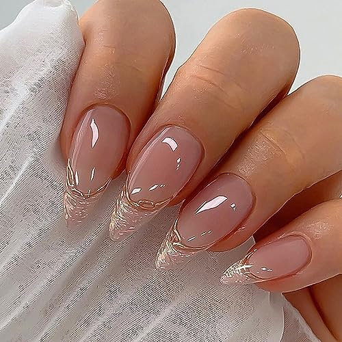 24Pcs Almond Press on Nails Medium, French Tip Nude Pink Fake Nails Glossy Glitter False Nails with Designs, Stiletto Gold Shiny Acrylic Full Cover Glue on Nail for Women and Girls