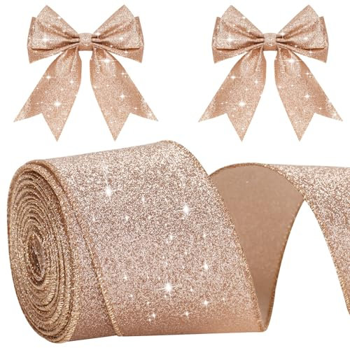 KINGLAKE Rose Gold Wired Glitter Christmas Ribbon, 6cm Metallic Wrapping Ribbon for Gift Wrapping, Wreaths, Crafts, Christmas Tree & Wedding Decorations